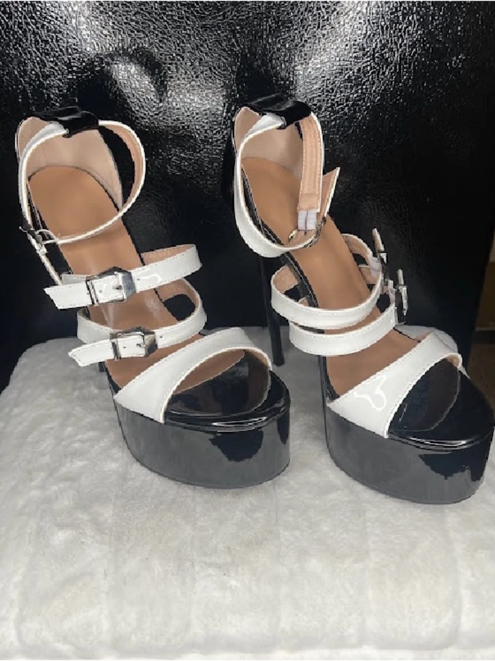White and Black Platform Strappy High Heels - Women's Sandals
